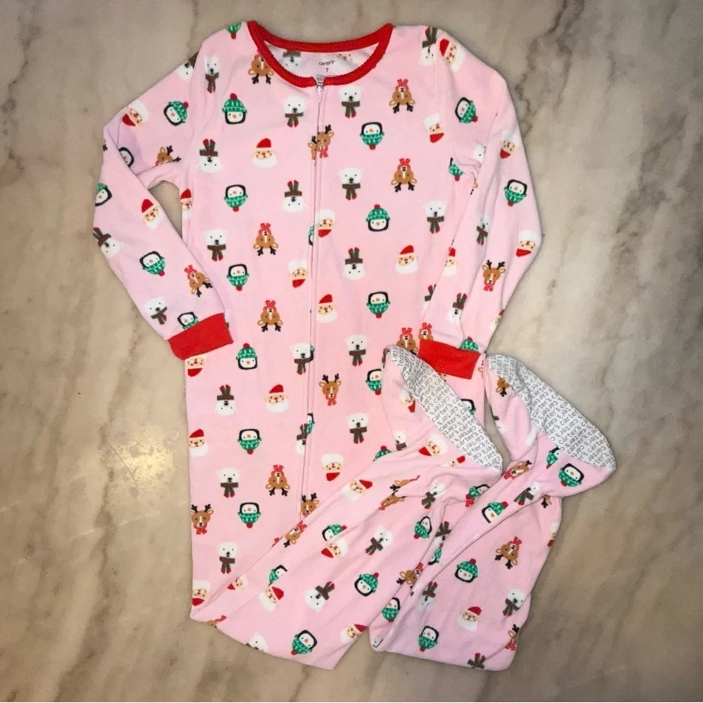 Carter's Girls 1pc. Christmas Santa and Friends Pajama Sleeper Pink Size 7